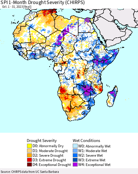 Africa SPI 1-Month Drought Severity (CHIRPS) Thematic Map For 10/1/2023 - 10/31/2023