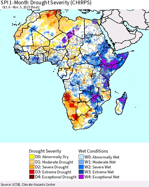 Africa SPI 1-Month Drought Severity (CHIRPS) Thematic Map For 10/6/2023 - 11/5/2023