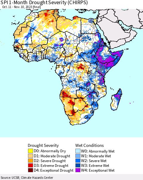 Africa SPI 1-Month Drought Severity (CHIRPS) Thematic Map For 10/11/2023 - 11/10/2023