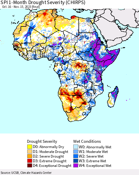 Africa SPI 1-Month Drought Severity (CHIRPS) Thematic Map For 10/16/2023 - 11/15/2023