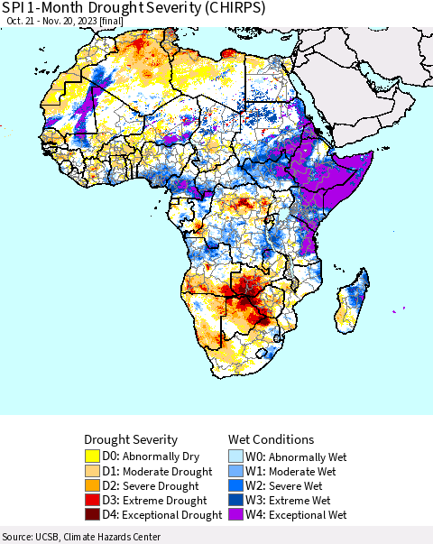 Africa SPI 1-Month Drought Severity (CHIRPS) Thematic Map For 10/21/2023 - 11/20/2023
