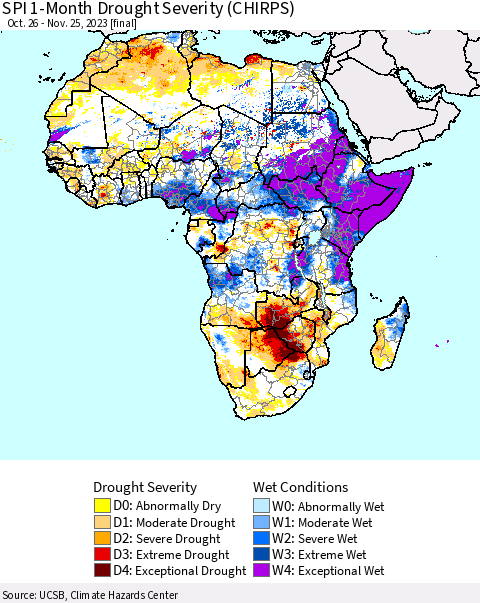 Africa SPI 1-Month Drought Severity (CHIRPS) Thematic Map For 10/26/2023 - 11/25/2023
