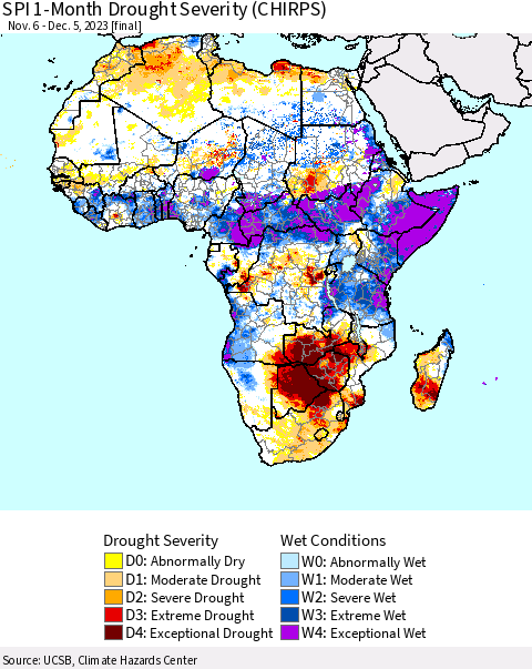 Africa SPI 1-Month Drought Severity (CHIRPS) Thematic Map For 11/6/2023 - 12/5/2023