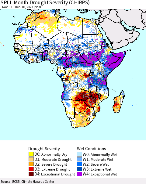 Africa SPI 1-Month Drought Severity (CHIRPS) Thematic Map For 11/11/2023 - 12/10/2023