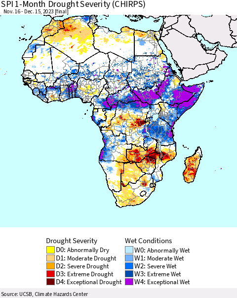 Africa SPI 1-Month Drought Severity (CHIRPS) Thematic Map For 11/16/2023 - 12/15/2023