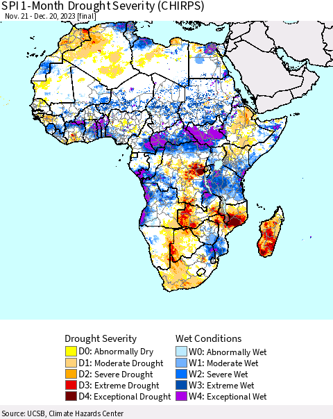 Africa SPI 1-Month Drought Severity (CHIRPS) Thematic Map For 11/21/2023 - 12/20/2023