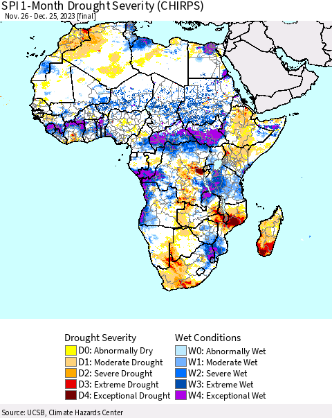 Africa SPI 1-Month Drought Severity (CHIRPS) Thematic Map For 11/26/2023 - 12/25/2023