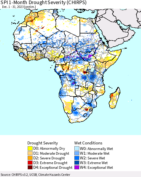 Africa SPI 1-Month Drought Severity (CHIRPS) Thematic Map For 12/1/2023 - 12/31/2023