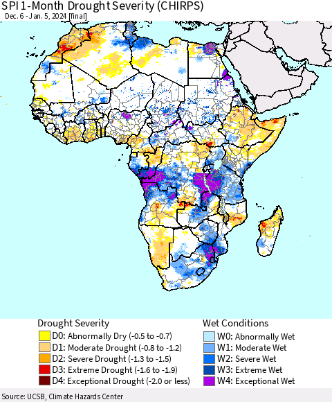 Africa SPI 1-Month Drought Severity (CHIRPS) Thematic Map For 12/6/2023 - 1/5/2024