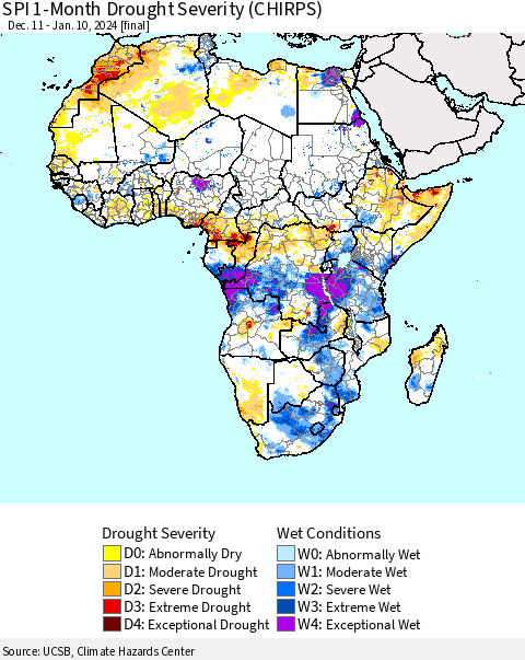 Africa SPI 1-Month Drought Severity (CHIRPS) Thematic Map For 12/11/2023 - 1/10/2024