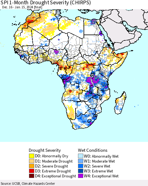 Africa SPI 1-Month Drought Severity (CHIRPS) Thematic Map For 12/16/2023 - 1/15/2024
