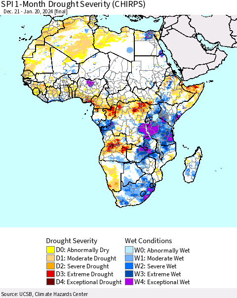 Africa SPI 1-Month Drought Severity (CHIRPS) Thematic Map For 12/21/2023 - 1/20/2024