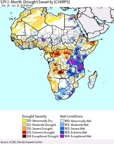 Africa SPI 1-Month Drought Severity (CHIRPS) Thematic Map For 12/26/2023 - 1/25/2024