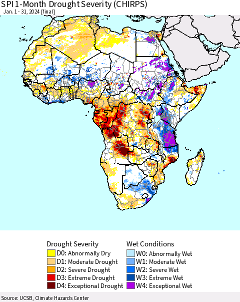 Africa SPI 1-Month Drought Severity (CHIRPS) Thematic Map For 1/1/2024 - 1/31/2024
