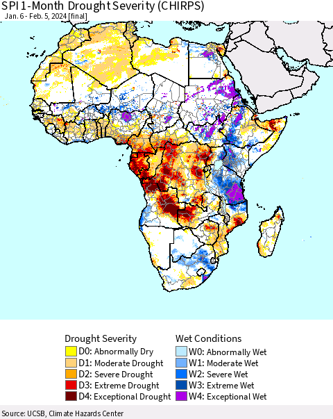 Africa SPI 1-Month Drought Severity (CHIRPS) Thematic Map For 1/6/2024 - 2/5/2024