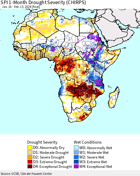 Africa SPI 1-Month Drought Severity (CHIRPS) Thematic Map For 1/16/2024 - 2/15/2024