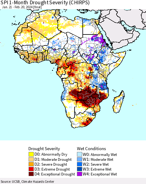 Africa SPI 1-Month Drought Severity (CHIRPS) Thematic Map For 1/21/2024 - 2/20/2024