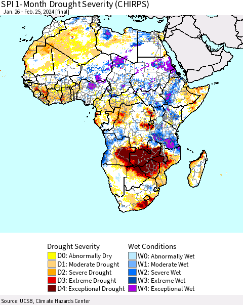 Africa SPI 1-Month Drought Severity (CHIRPS) Thematic Map For 1/26/2024 - 2/25/2024