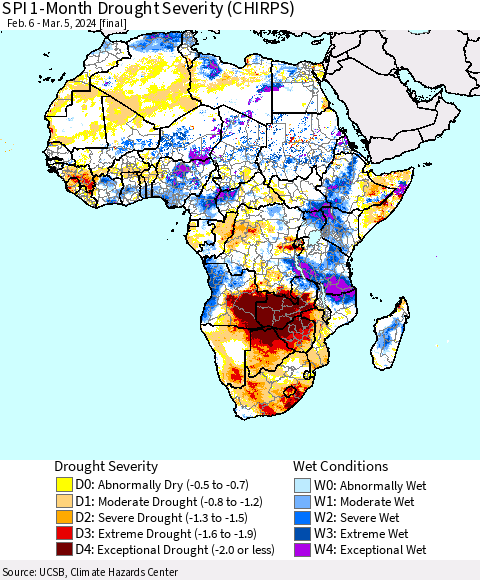 Africa SPI 1-Month Drought Severity (CHIRPS) Thematic Map For 2/6/2024 - 3/5/2024