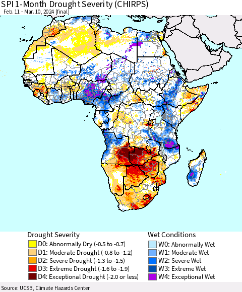 Africa SPI 1-Month Drought Severity (CHIRPS) Thematic Map For 2/11/2024 - 3/10/2024