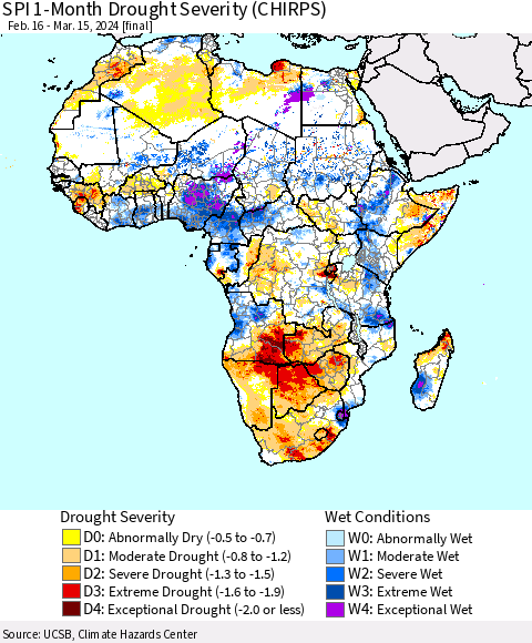 Africa SPI 1-Month Drought Severity (CHIRPS) Thematic Map For 2/16/2024 - 3/15/2024