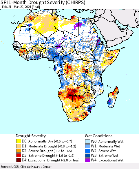 Africa SPI 1-Month Drought Severity (CHIRPS) Thematic Map For 2/21/2024 - 3/20/2024