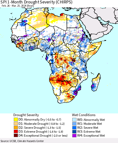 Africa SPI 1-Month Drought Severity (CHIRPS) Thematic Map For 2/26/2024 - 3/25/2024