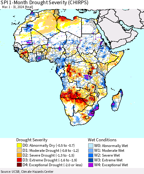 Africa SPI 1-Month Drought Severity (CHIRPS) Thematic Map For 3/1/2024 - 3/31/2024