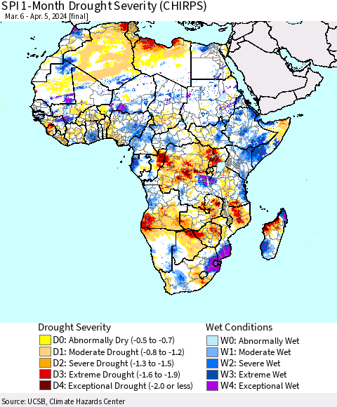 Africa SPI 1-Month Drought Severity (CHIRPS) Thematic Map For 3/6/2024 - 4/5/2024
