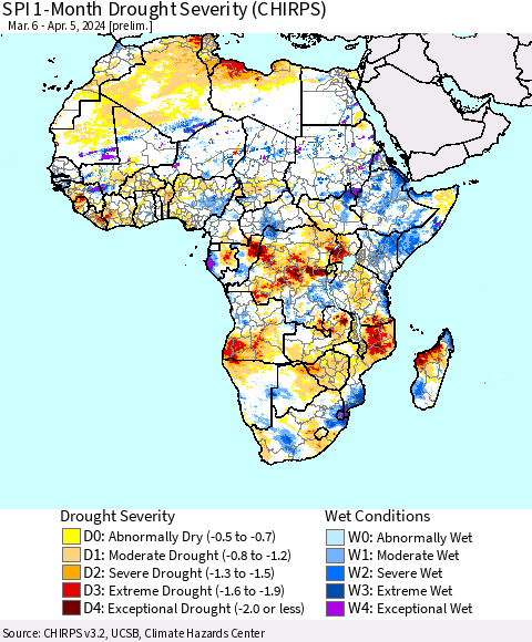 Africa SPI 1-Month Drought Severity (CHIRPS) Thematic Map For 3/6/2024 - 4/5/2024