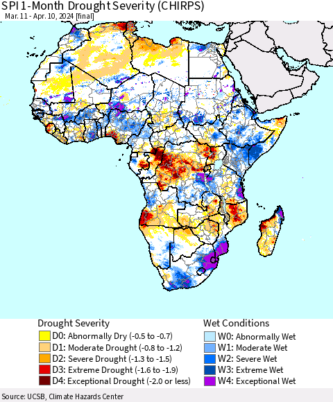 Africa SPI 1-Month Drought Severity (CHIRPS) Thematic Map For 3/11/2024 - 4/10/2024