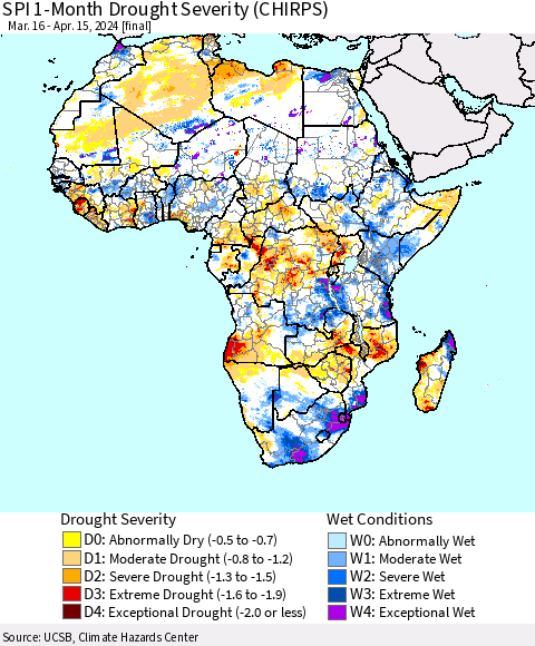 Africa SPI 1-Month Drought Severity (CHIRPS) Thematic Map For 3/16/2024 - 4/15/2024