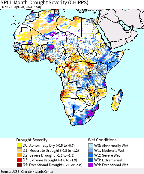 Africa SPI 1-Month Drought Severity (CHIRPS) Thematic Map For 3/21/2024 - 4/20/2024