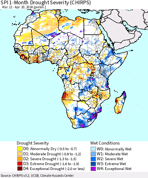 Africa SPI 1-Month Drought Severity (CHIRPS) Thematic Map For 3/21/2024 - 4/20/2024