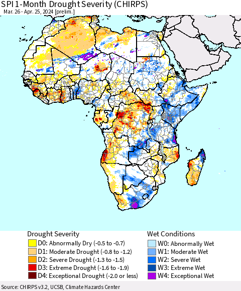 Africa SPI 1-Month Drought Severity (CHIRPS) Thematic Map For 3/26/2024 - 4/25/2024