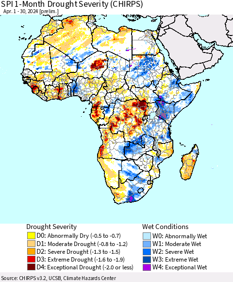 Africa SPI 1-Month Drought Severity (CHIRPS) Thematic Map For 4/1/2024 - 4/30/2024