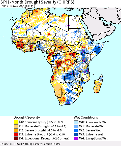 Africa SPI 1-Month Drought Severity (CHIRPS) Thematic Map For 4/6/2024 - 5/5/2024