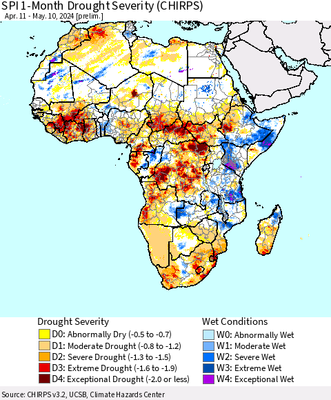 Africa SPI 1-Month Drought Severity (CHIRPS) Thematic Map For 4/11/2024 - 5/10/2024