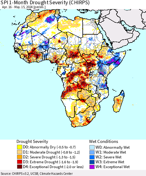 Africa SPI 1-Month Drought Severity (CHIRPS) Thematic Map For 4/16/2024 - 5/15/2024