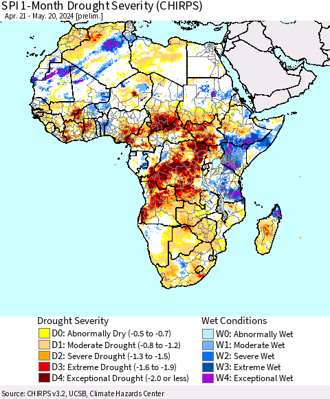 Africa SPI 1-Month Drought Severity (CHIRPS) Thematic Map For 4/21/2024 - 5/20/2024