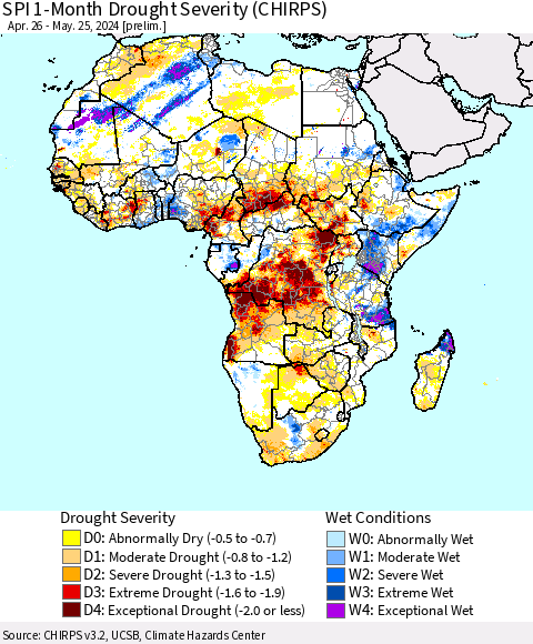 Africa SPI 1-Month Drought Severity (CHIRPS) Thematic Map For 4/26/2024 - 5/25/2024