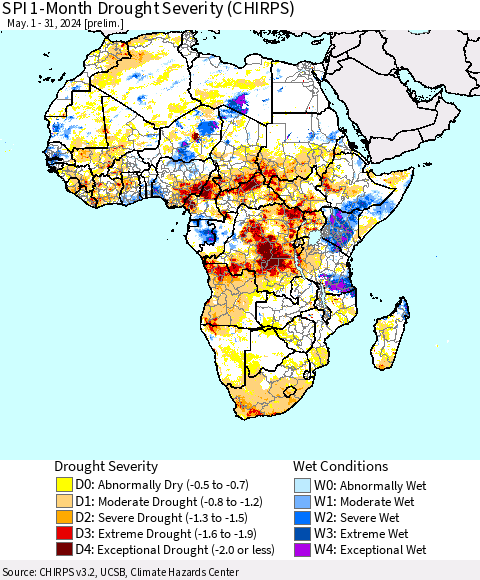 Africa SPI 1-Month Drought Severity (CHIRPS) Thematic Map For 5/1/2024 - 5/31/2024