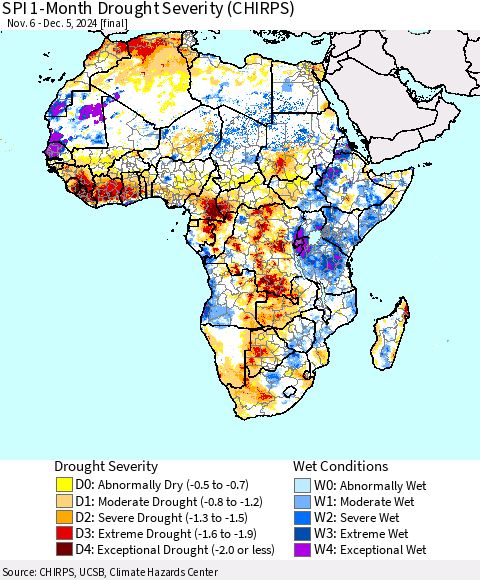 Africa SPI 1-Month Drought Severity (CHIRPS) Thematic Map For 11/6/2024 - 12/5/2024
