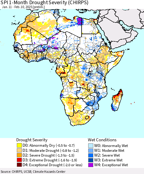 Africa SPI 1-Month Drought Severity (CHIRPS) Thematic Map For 1/11/2025 - 2/10/2025