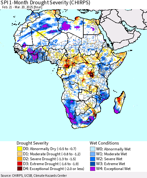 Africa SPI 1-Month Drought Severity (CHIRPS) Thematic Map For 2/21/2025 - 3/20/2025