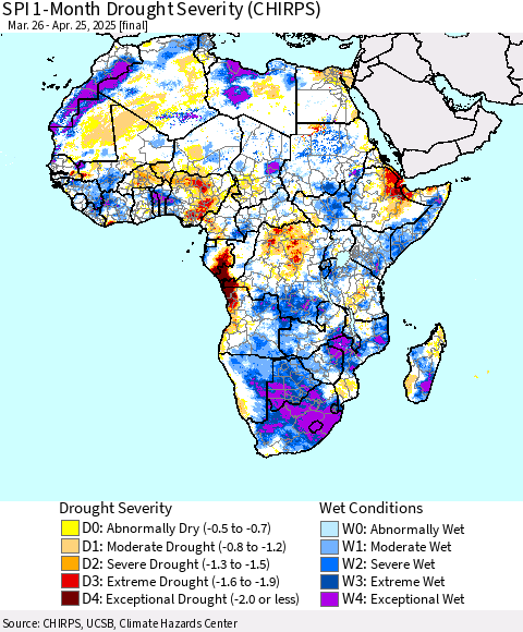 Africa SPI 1-Month Drought Severity (CHIRPS) Thematic Map For 3/26/2025 - 4/25/2025