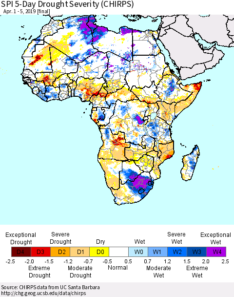 Africa SPI 5-Day Drought Severity (CHIRPS) Thematic Map For 4/1/2019 - 4/5/2019