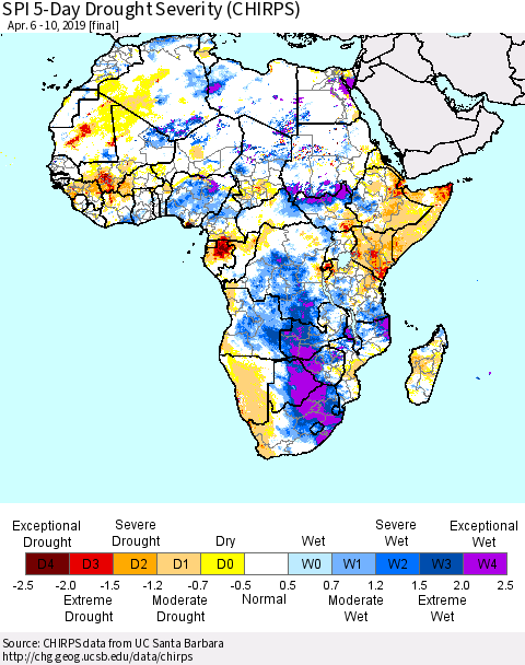 Africa SPI 5-Day Drought Severity (CHIRPS) Thematic Map For 4/6/2019 - 4/10/2019