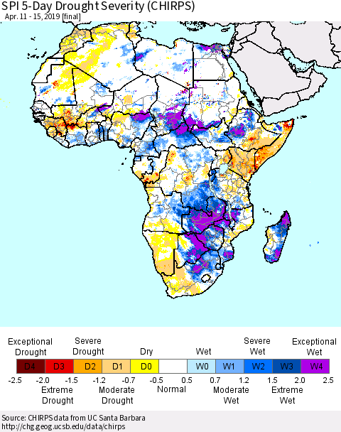 Africa SPI 5-Day Drought Severity (CHIRPS) Thematic Map For 4/11/2019 - 4/15/2019