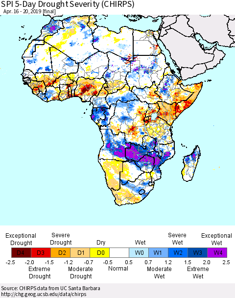 Africa SPI 5-Day Drought Severity (CHIRPS) Thematic Map For 4/16/2019 - 4/20/2019